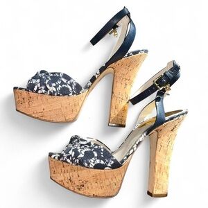 Michael Kors Navy Floral Cork Platform Ankle-Strap Heels